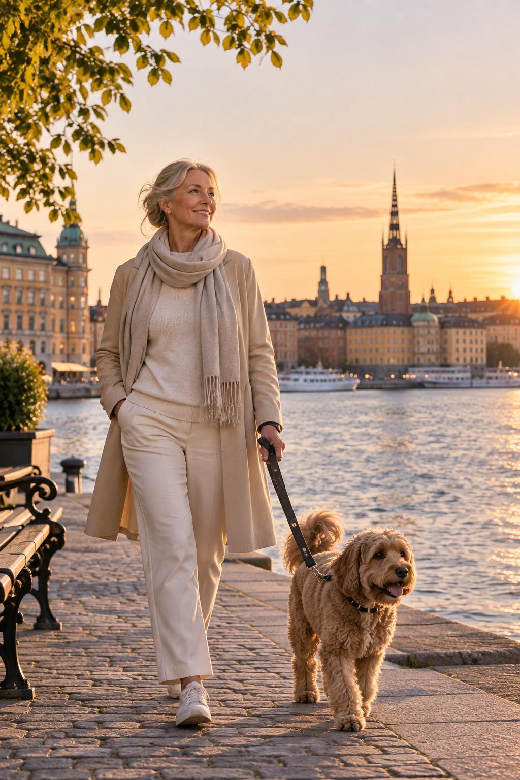 Kvinna promenerar med hund vid vattnet i Stockholm