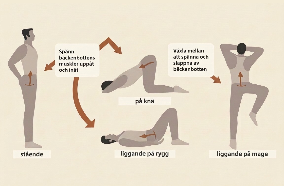 Illustration med knipövningar för män i stående, liggande och fyrfotastående